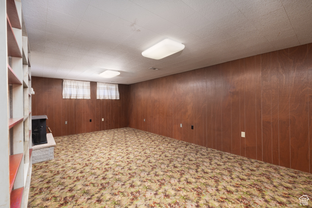Below grade area featuring wood walls and carpet
