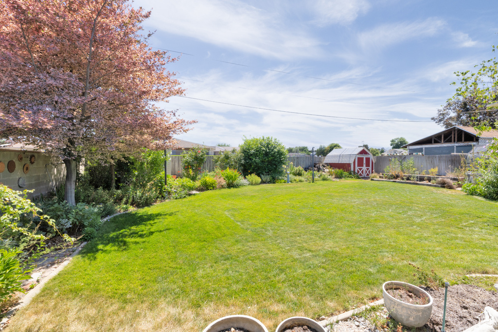 Fenced backyard with a storage unit
