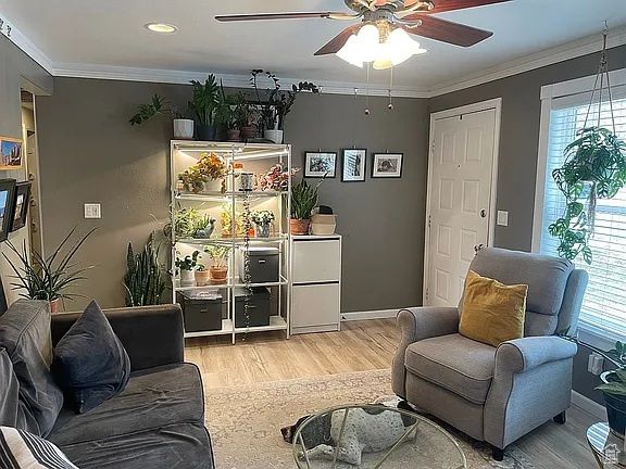 Sitting room with a ceiling fan, light wood finished floors, crown molding, healthy amount of natural light, and recessed lighting