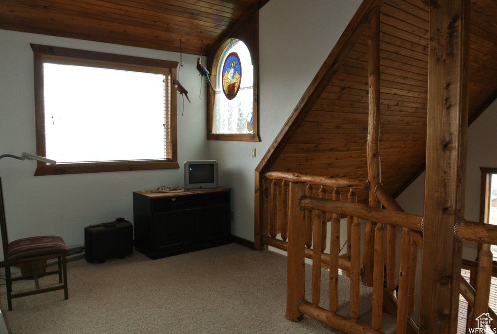 Additional living space with wood ceiling, healthy amount of natural light, and carpet floors