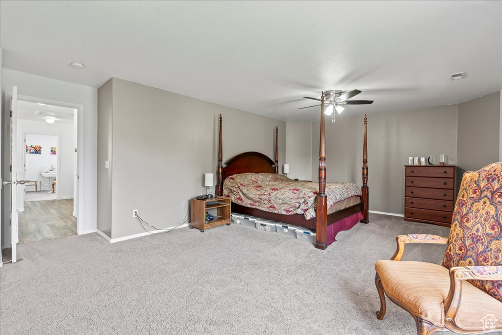 Bedroom featuring carpet flooring and ceiling fan