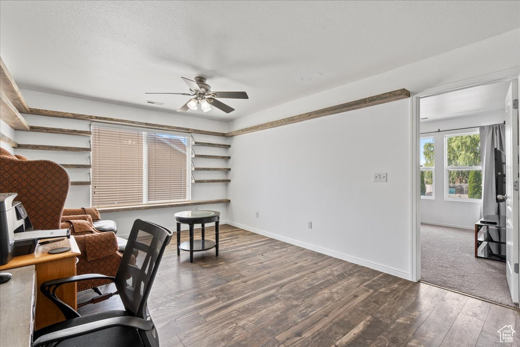 Office area featuring a ceiling fan and hardwood / wood-style flooring