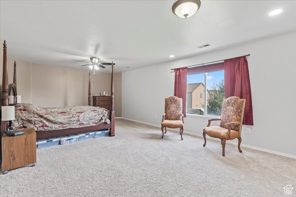 Bedroom with carpet, a ceiling fan, and recessed lighting