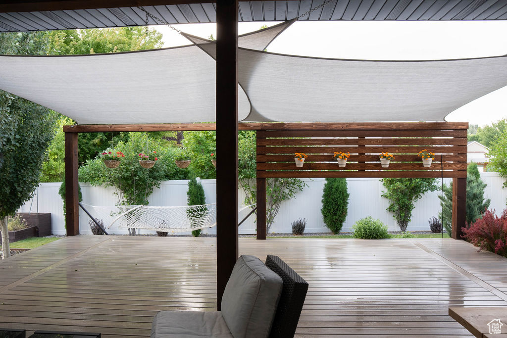 Deck with a fenced backyard