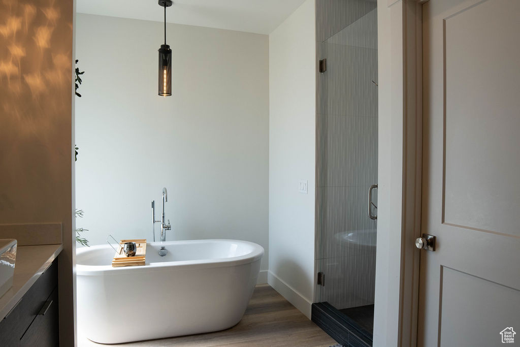 Bathroom with a freestanding bath, wood finished floors, a stall shower, and vanity