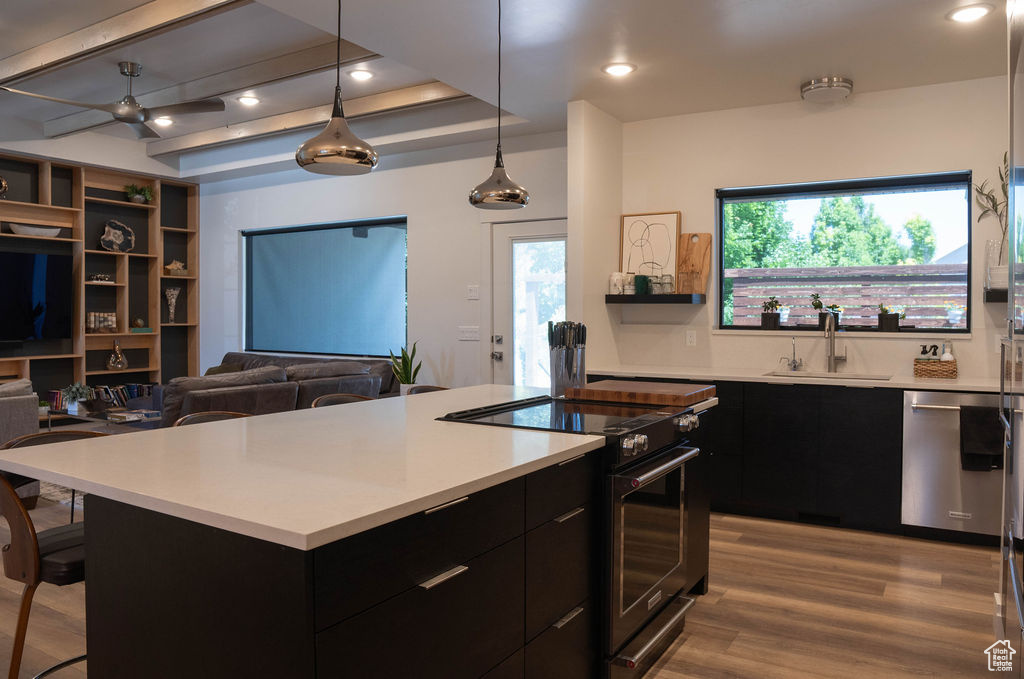Kitchen featuring dark cabinets, stainless steel appliances, light countertops, light wood-style floors, and modern cabinets