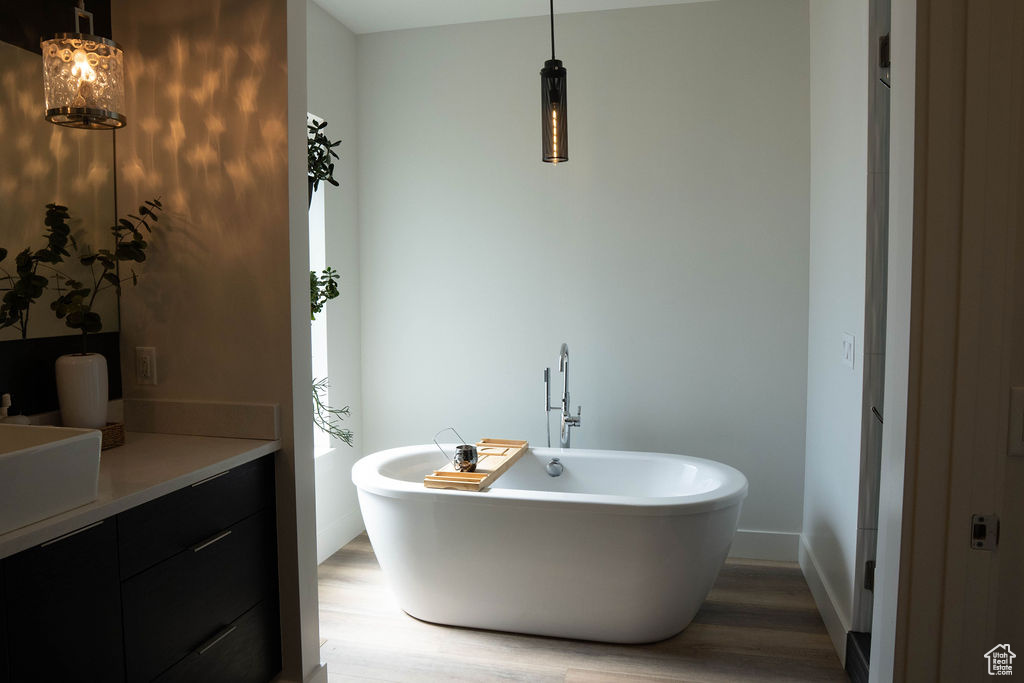 Bathroom featuring wood finished floors, a freestanding bath, and vanity