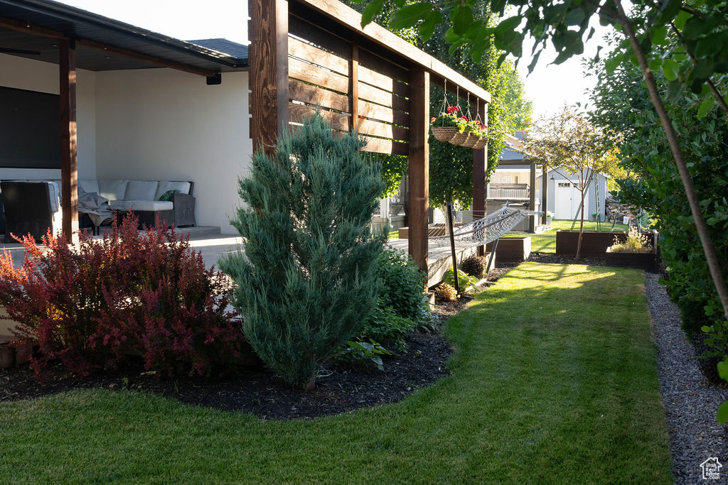 View of grassy yard featuring a storage unit