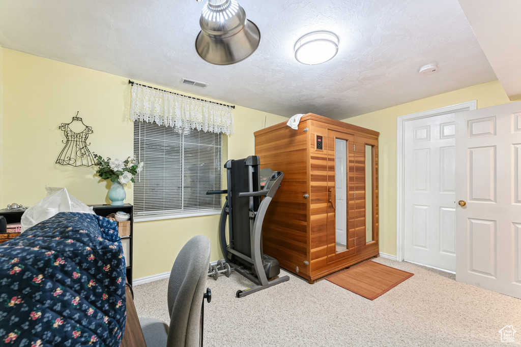 Exercise room featuring a relaxing sauna and carpet