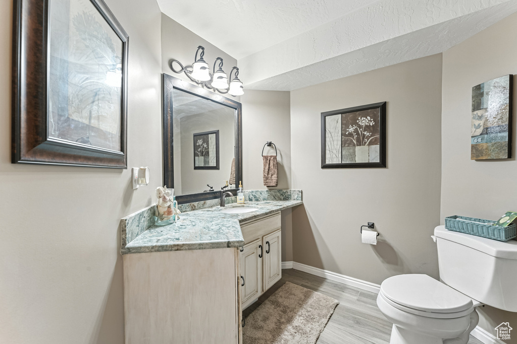Half bath featuring vanity and wood finished floors