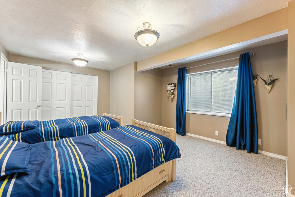 Carpeted bedroom with a closet and baseboards
