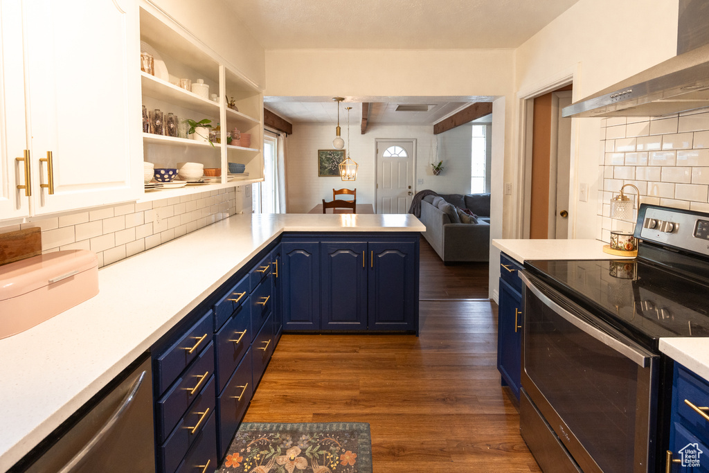 Kitchen featuring blue cabinets, stainless steel appliances, wall chimney exhaust hood, and tasteful backsplash