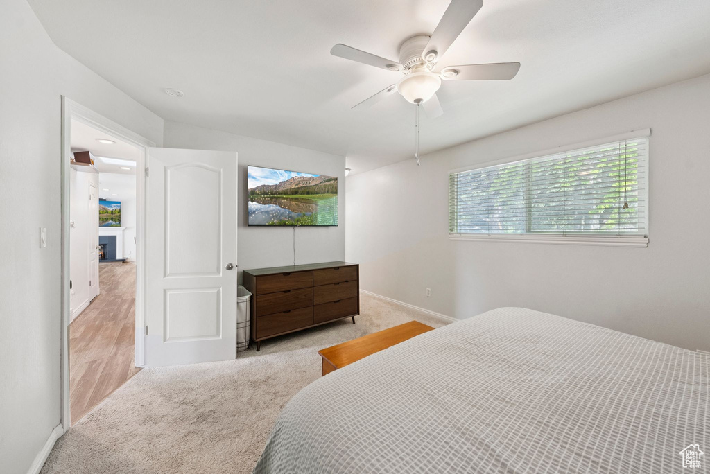 Carpeted bedroom with baseboards and a ceiling fan