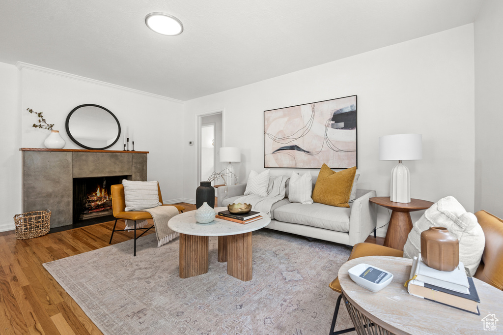 Living room with wood finished floors and a tiled fireplace