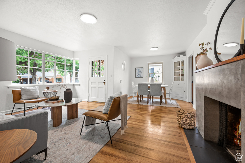 Living area featuring wood finished floors and a lit fireplace