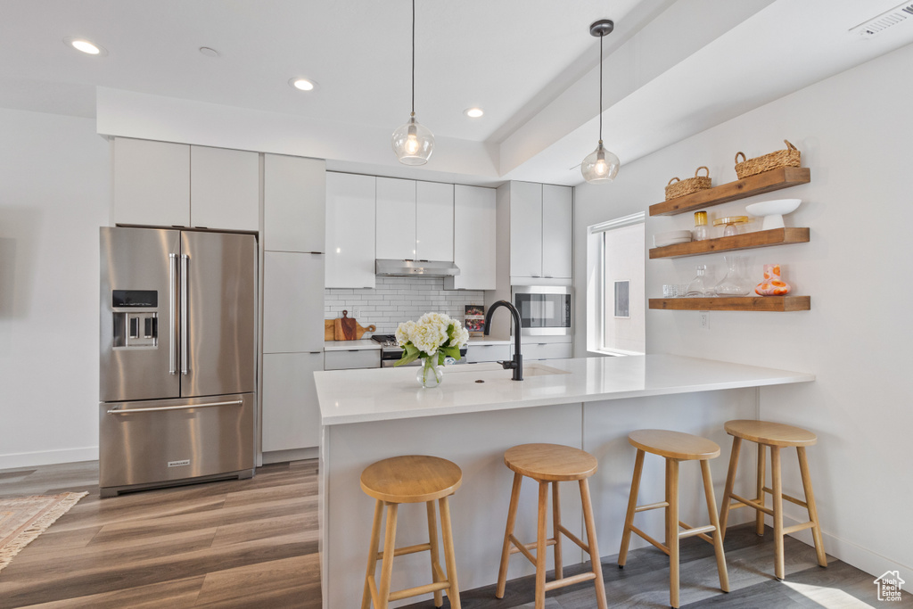 Kitchen with appliances with stainless steel finishes, wood finished floors, modern cabinets, backsplash, and recessed lighting