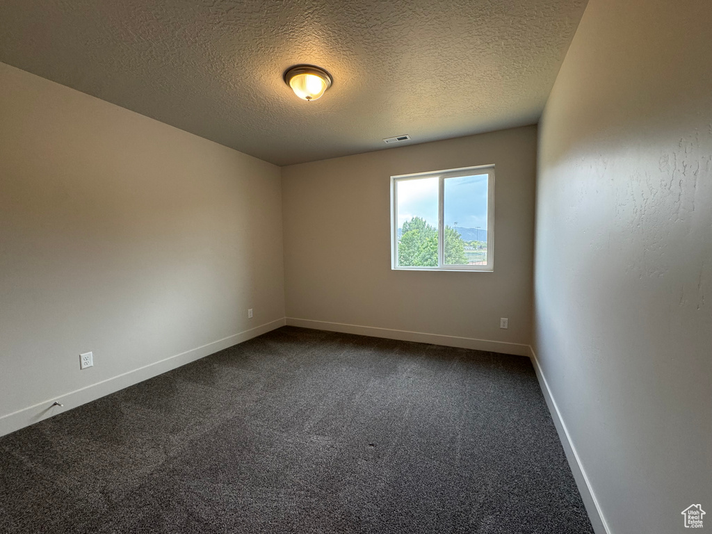 Spare room with a textured ceiling and dark colored carpet