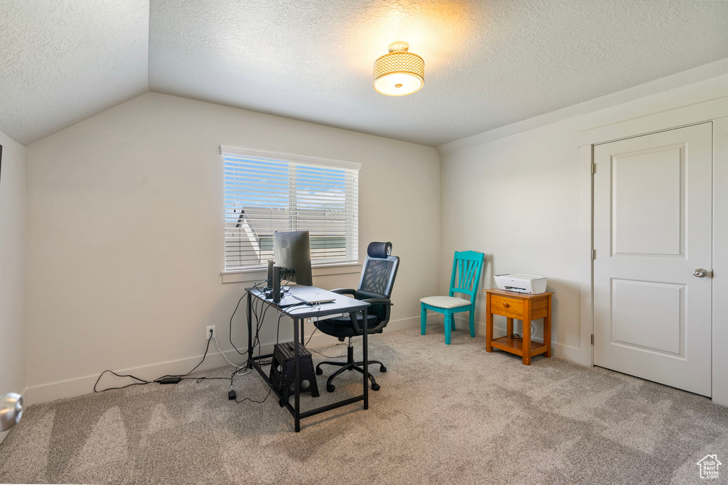 Carpeted office featuring a textured ceiling and lofted ceiling