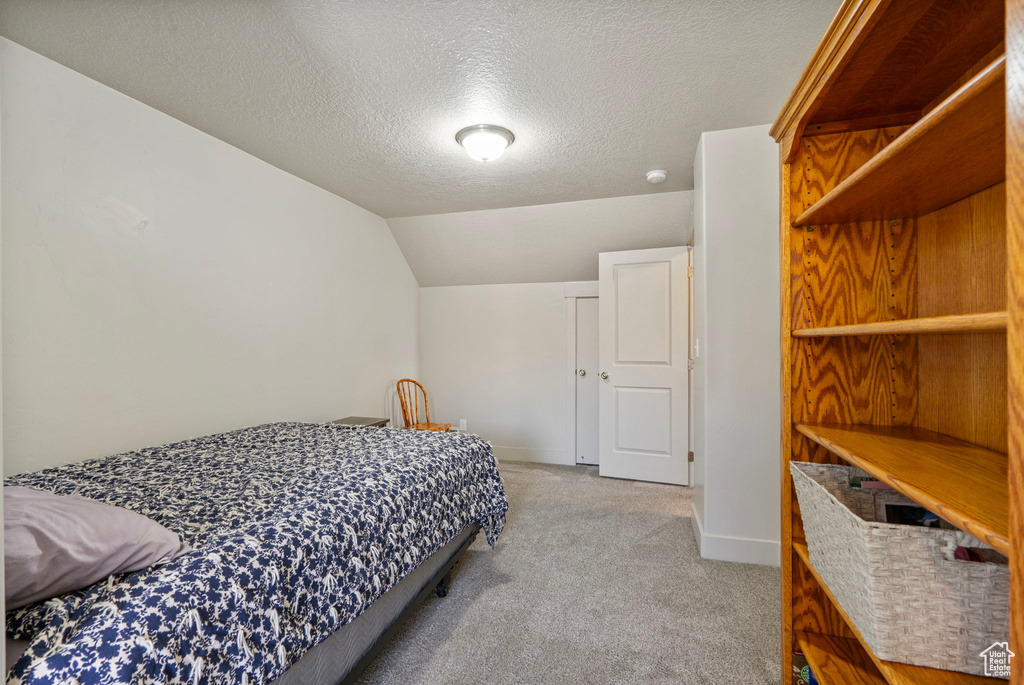 Bedroom featuring light carpet, a textured ceiling, and vaulted ceiling