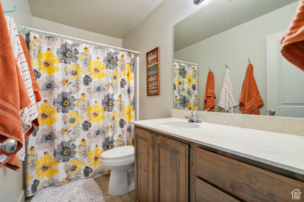 Bathroom featuring vanity, a textured ceiling, and a shower with shower curtain