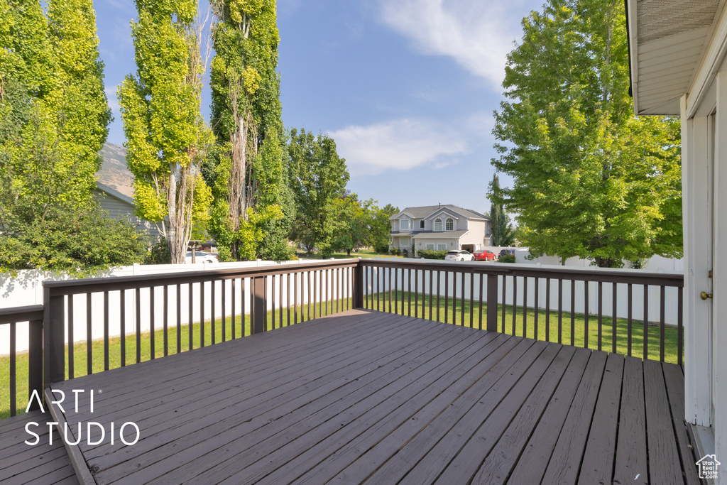 Wooden terrace featuring a fenced backyard