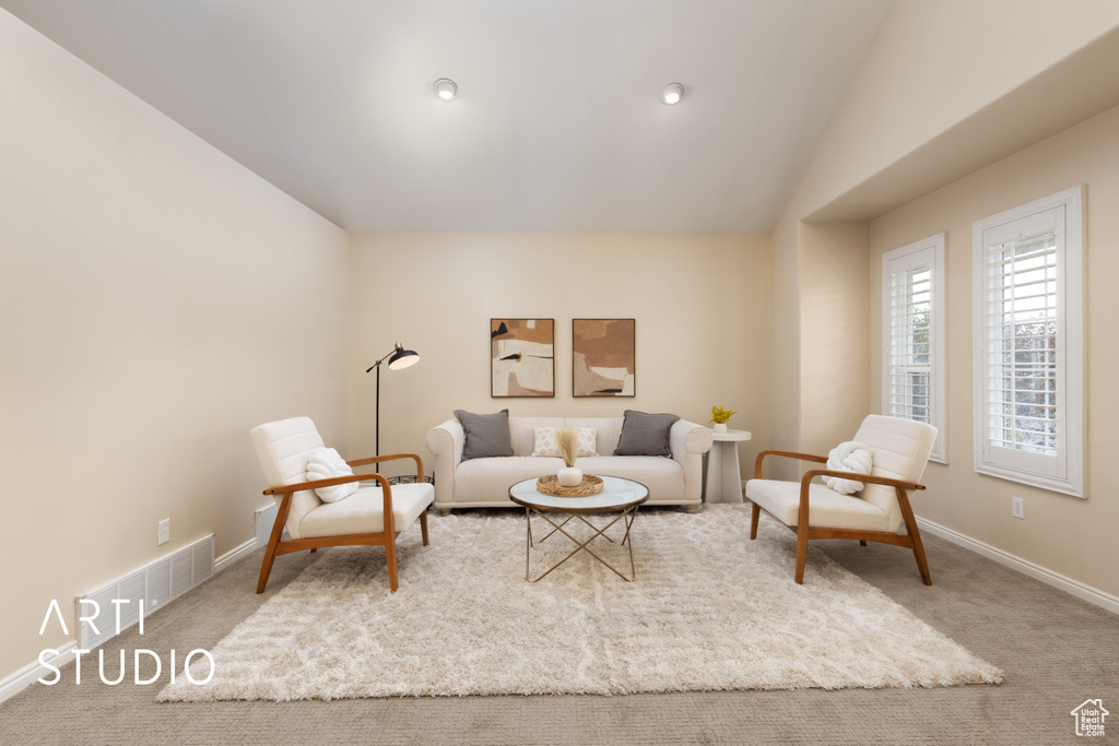Sitting room with carpet flooring and lofted ceiling