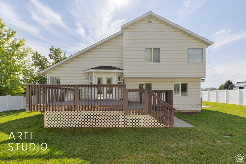 Back of house with a fenced backyard and a wooden deck