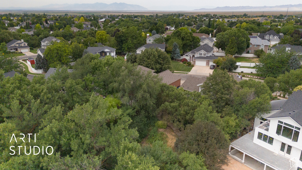Aerial perspective of suburban area with a mountainous background