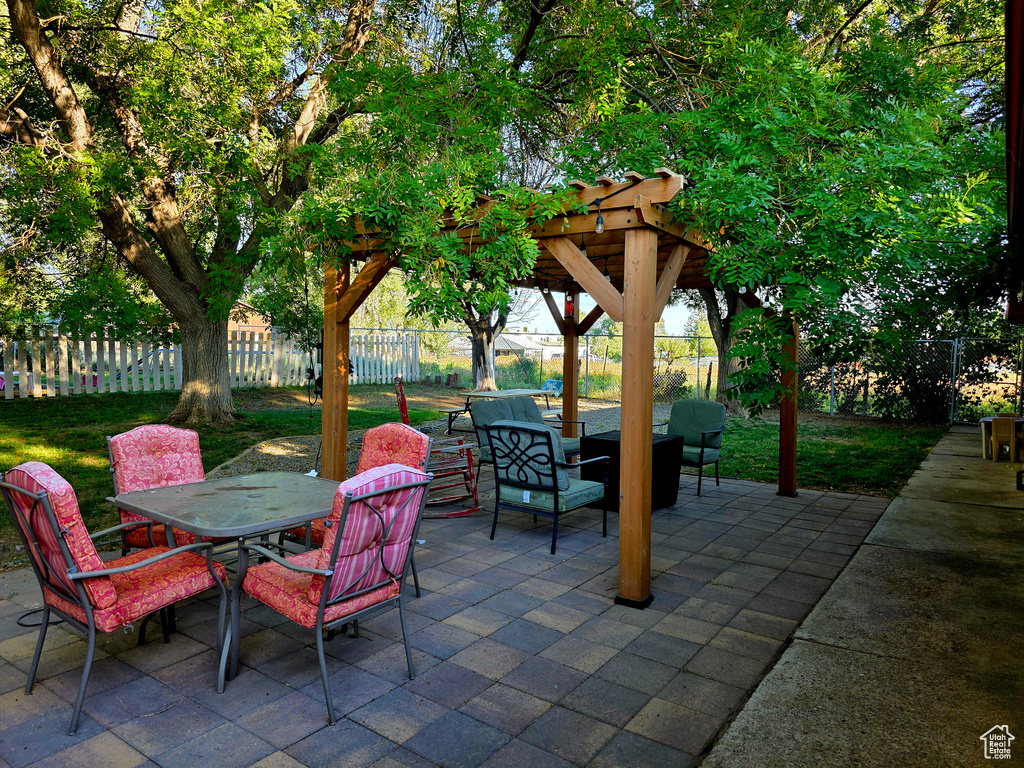 Fenced backyard featuring outdoor dining area and a patio area