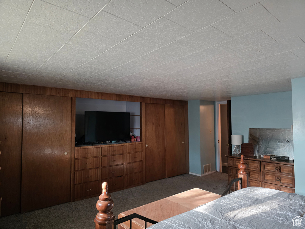 Carpeted bedroom with wooden walls
