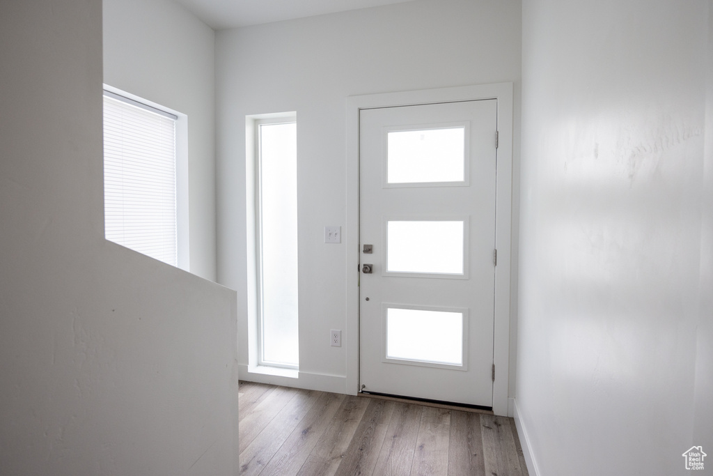 Entryway with light wood finished floors and baseboards