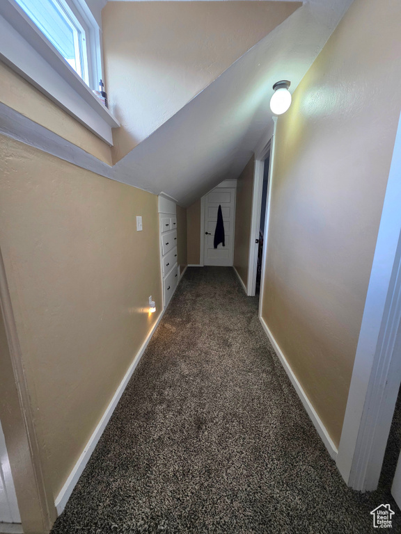 Hall featuring lofted ceiling and carpet
