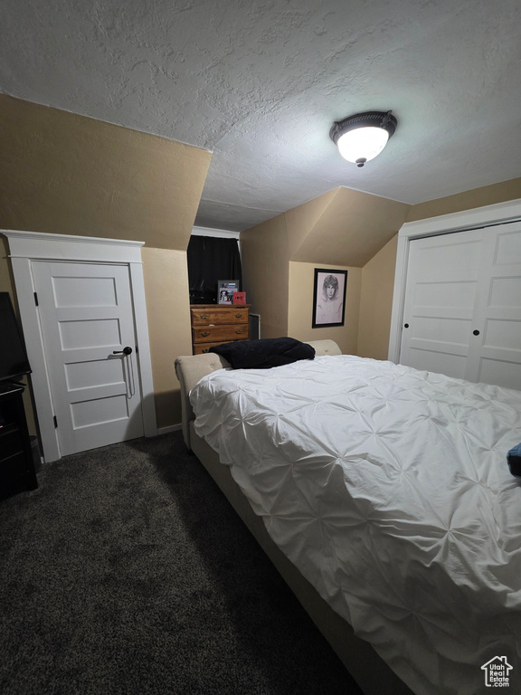 Bedroom with a textured ceiling, lofted ceiling, dark colored carpet, and a closet