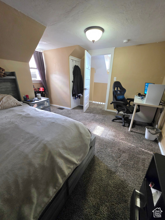 Carpeted bedroom with a textured ceiling and a desk