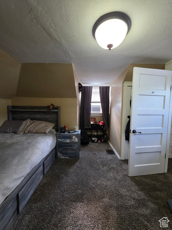 Bedroom with carpet floors and a textured ceiling