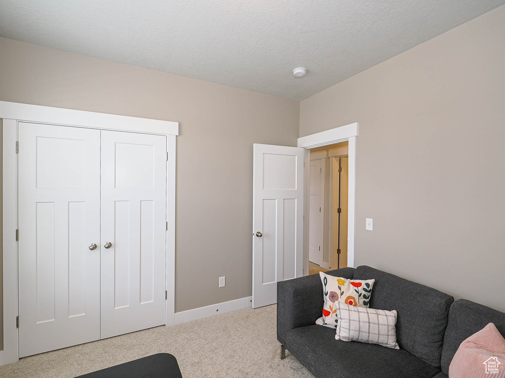 Living area featuring light colored carpet and baseboards