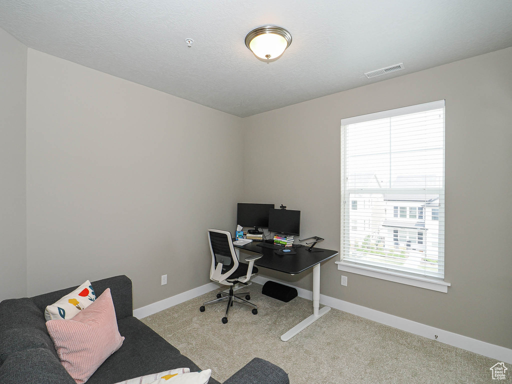 Carpeted office space featuring baseboards