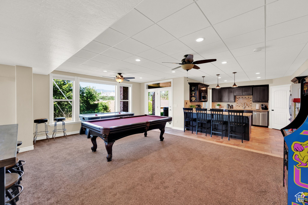Rec room with healthy amount of natural light, pool table, a dry bar, a ceiling fan, and recessed lighting