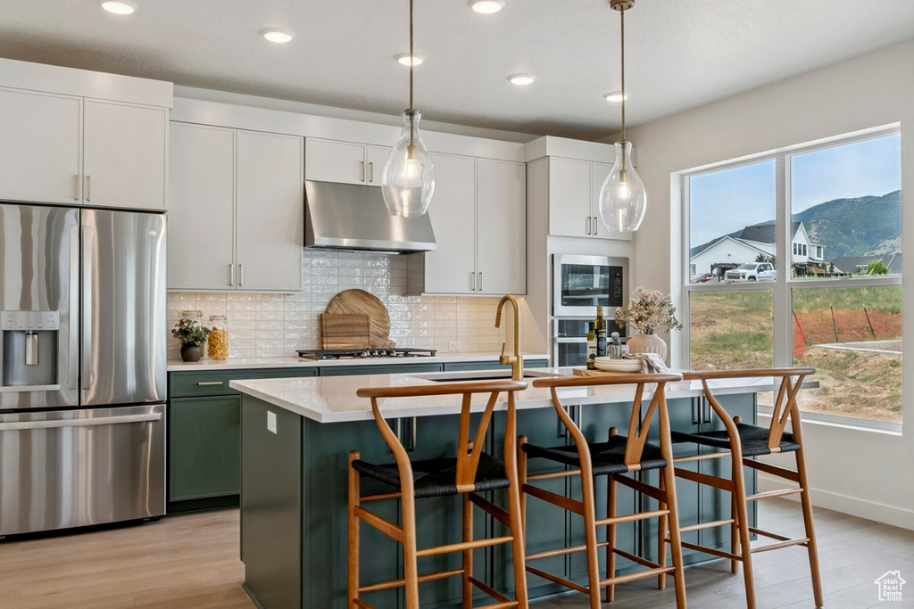 Kitchen featuring appliances with stainless steel finishes, light countertops, light wood-style floors, plenty of natural light, and recessed lighting