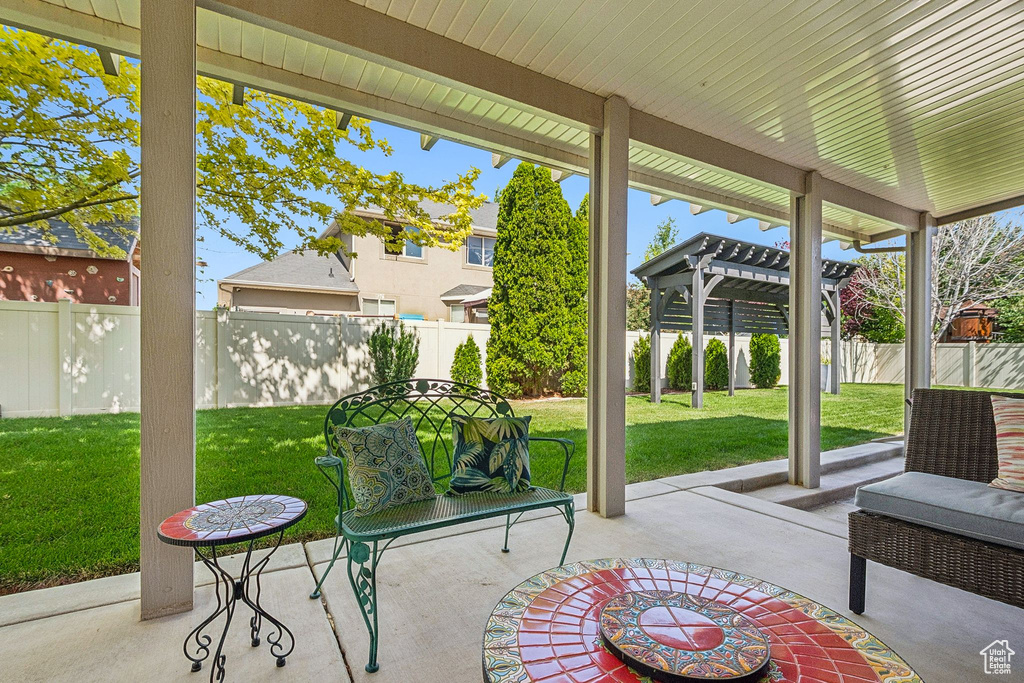 Fenced backyard with a pergola and a patio