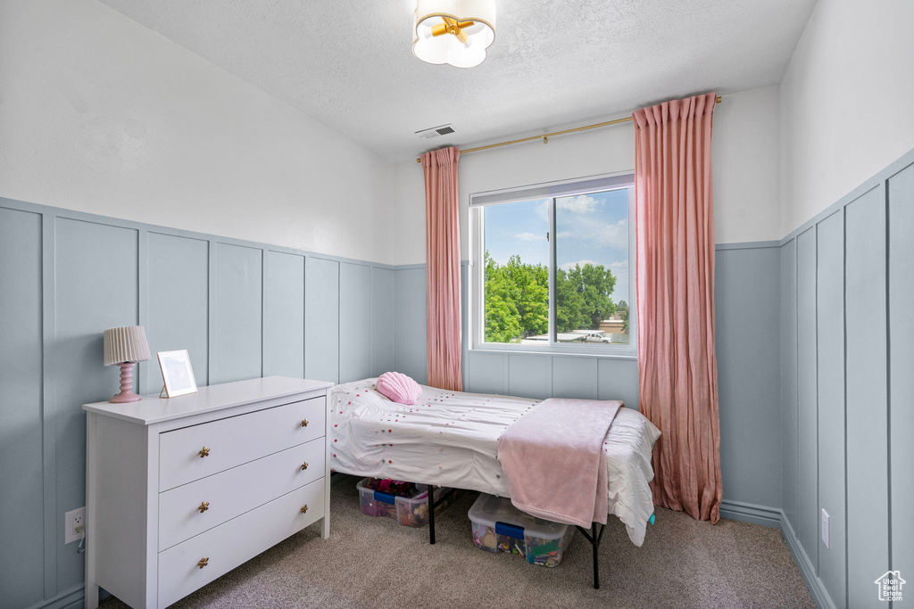 Carpeted bedroom with a textured ceiling, a wainscoted wall, and a decorative wall