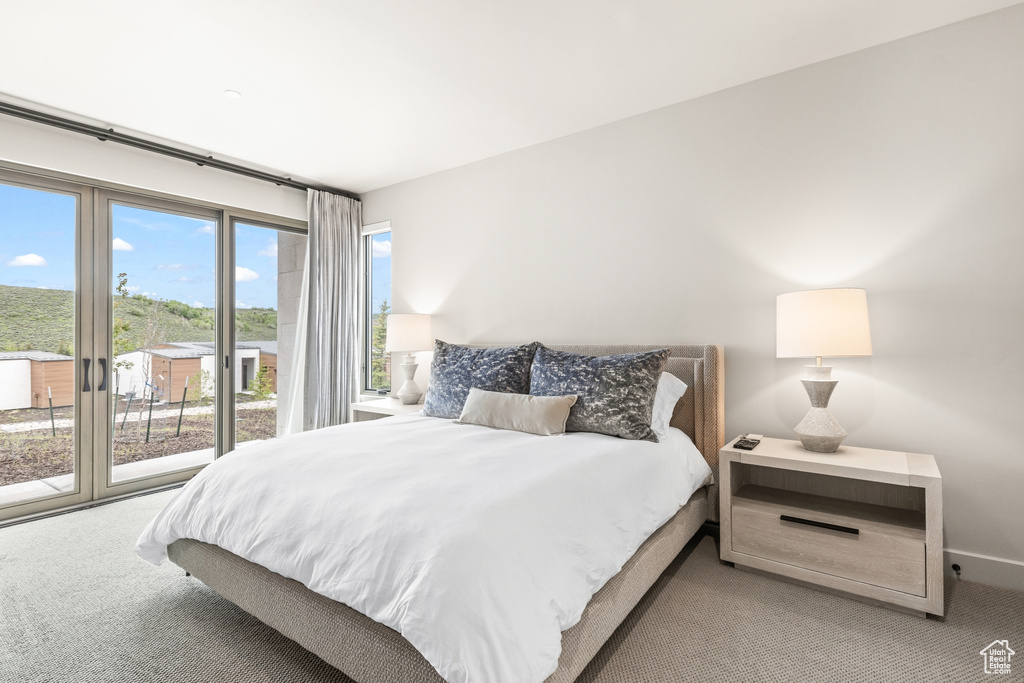 Carpeted bedroom with access to outside