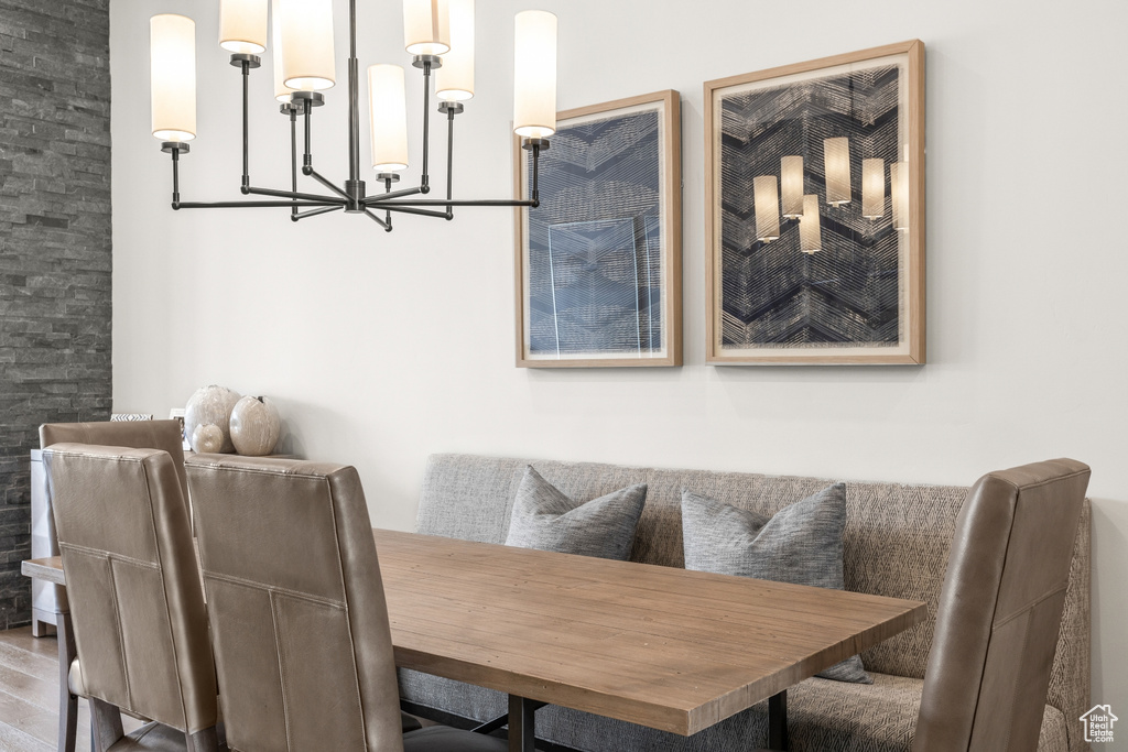 Dining area featuring a chandelier