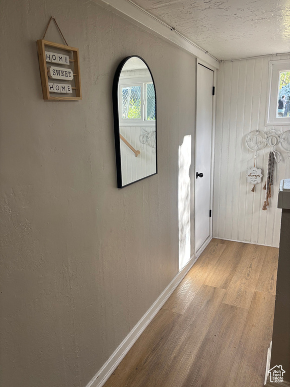 Hallway featuring wood finished floors and wood walls