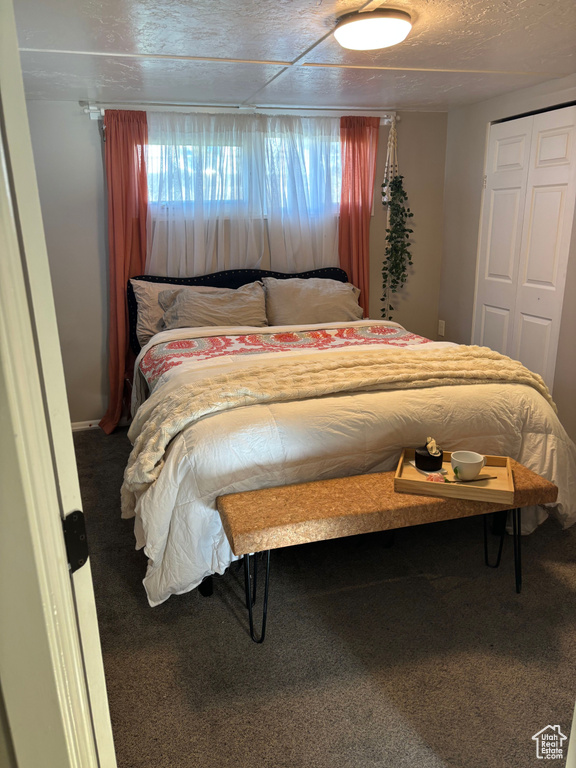 Bedroom with a textured ceiling, carpet flooring, and a closet