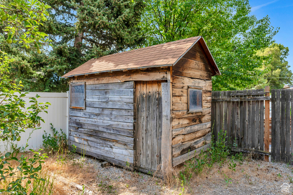 View of shed featuring a fenced backyard