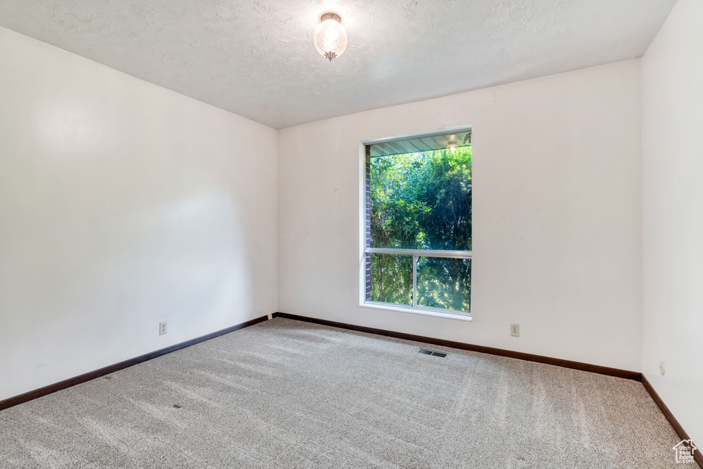 Carpeted spare room featuring a textured ceiling