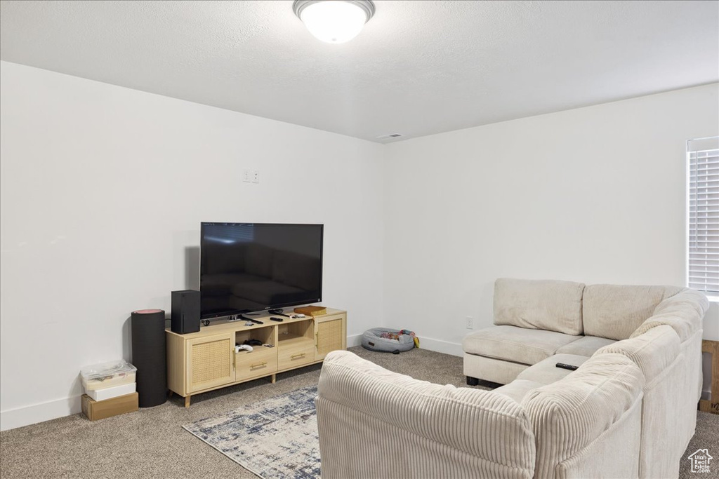 Living area with light carpet and baseboards