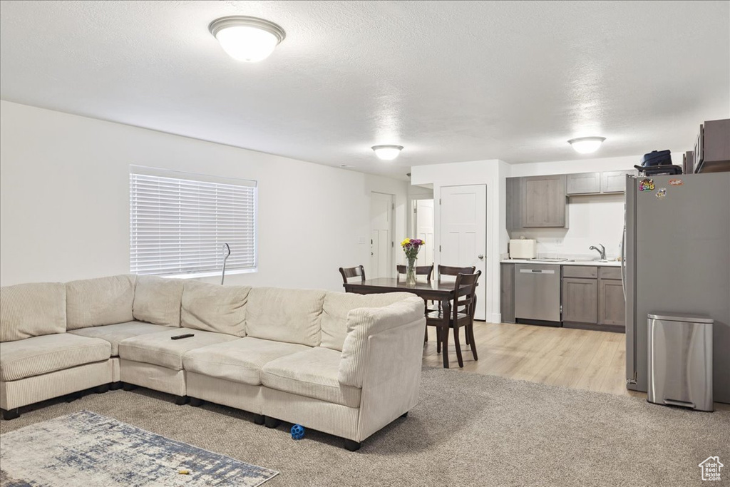 Living area featuring light carpet