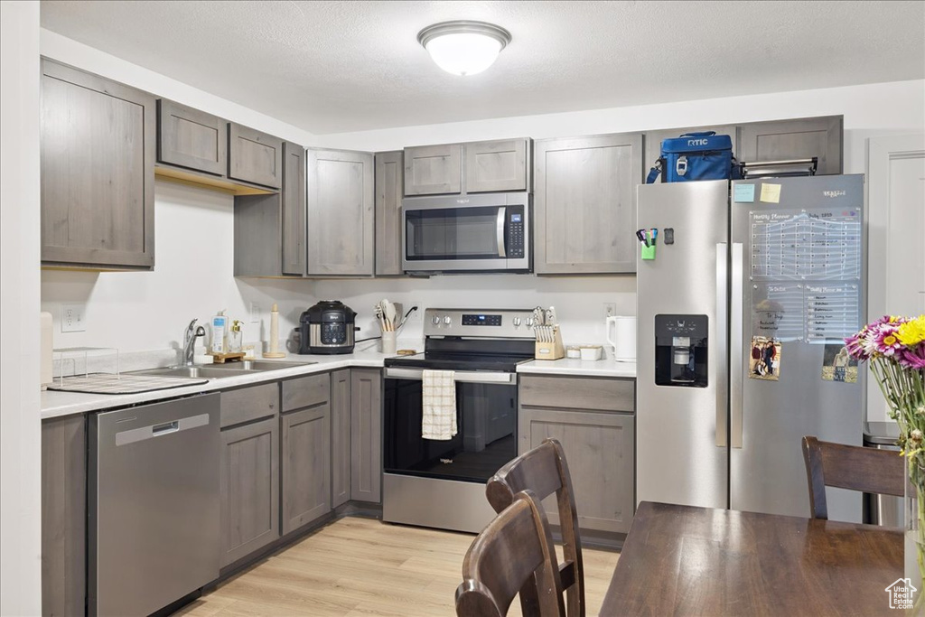 Kitchen with appliances with stainless steel finishes, light countertops, and light wood-style flooring